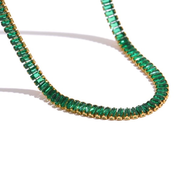 18K Gold Plated Green Tennis Chain Necklace - Picture 3 of 9